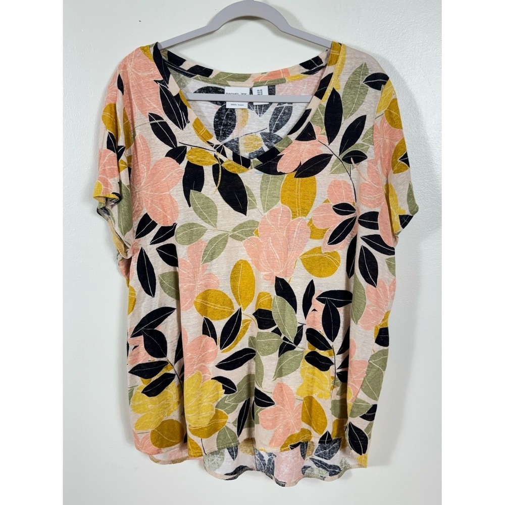 Rachel Zoe 100% Linen Blouse Top 1X Floral Euro Summer Coastal Beachy Bohemian